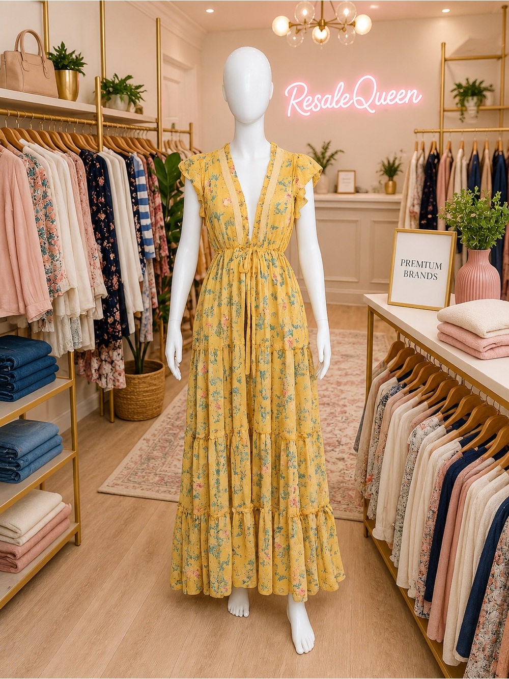 NWOT Vici Yellow Floral Tiered Open Maxi with V-Neck & Tie Waist